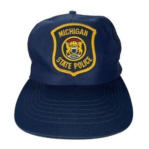 Vintage 80s Michigan State Police Snapback Truckers Hat Navy Adjustable OS